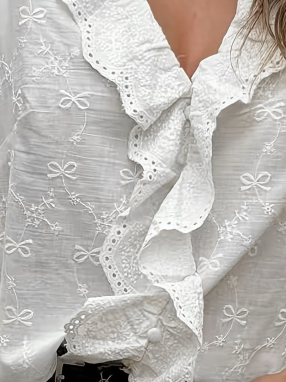 Bow Embroidered Ruffled V-Neck Blouse - Picture 2 of 4